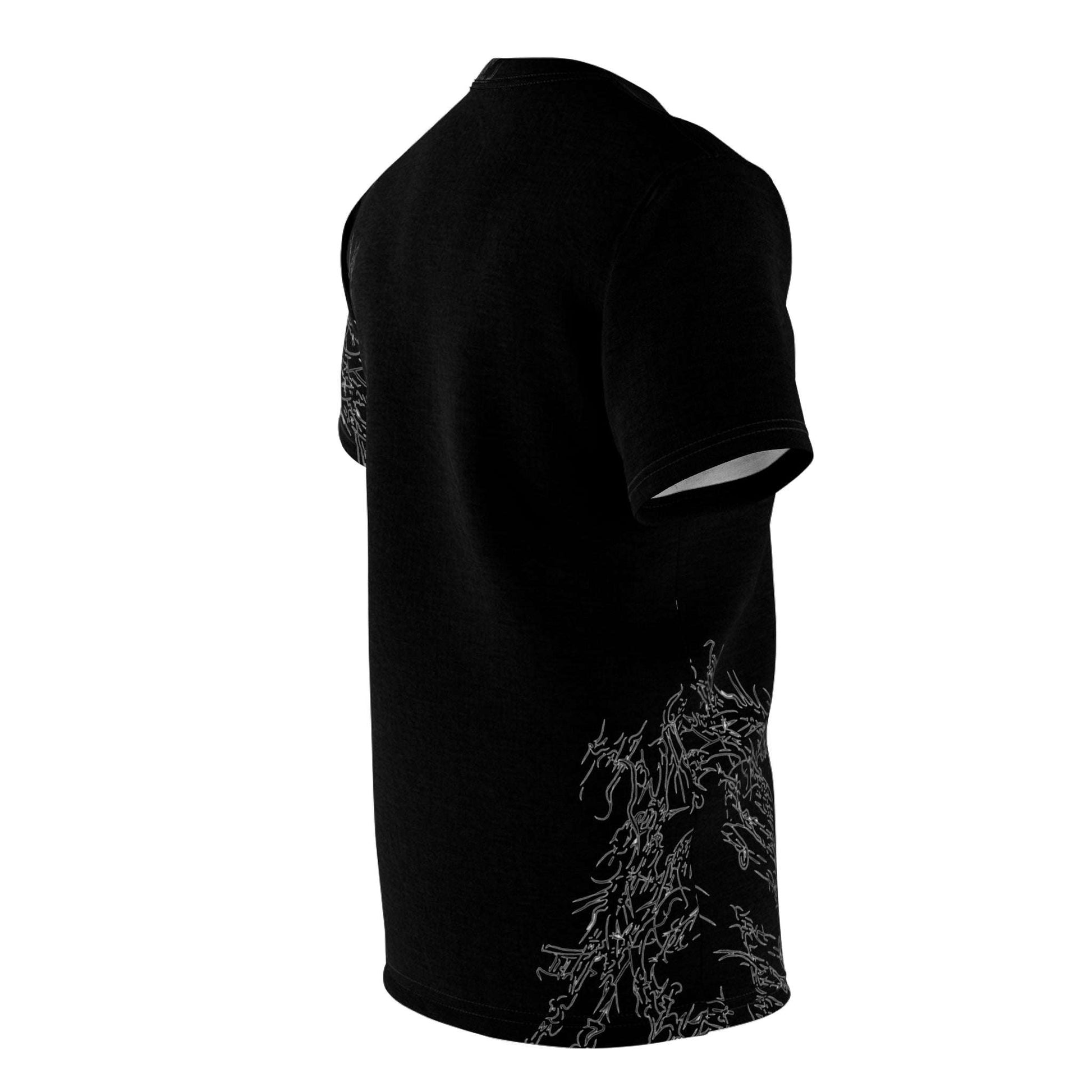 Cyber Sigilism 1 Unisex Cut & Sew Tee AOP, black with unique textured design, breathable microfiber-knit fabric.