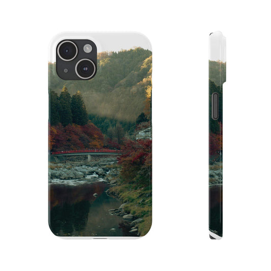 River Forest Slim Phone Case for iPhone 15 with scenic design, super-slim Lexan polycarbonate, glossy finish, lightweight, and wireless charging support.