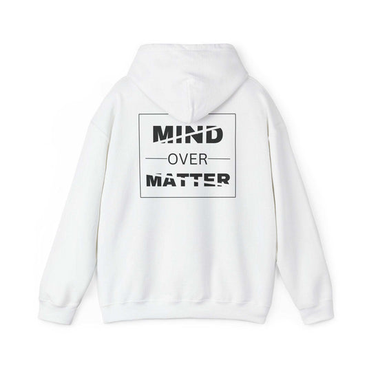 White "Mind Over Matter" unisex heavy blend hooded sweatshirt with printed back design.