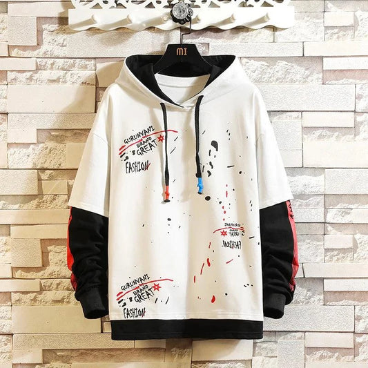 Trendy Patchwork Hoodie with unique design and hooded silhouette for casual style.