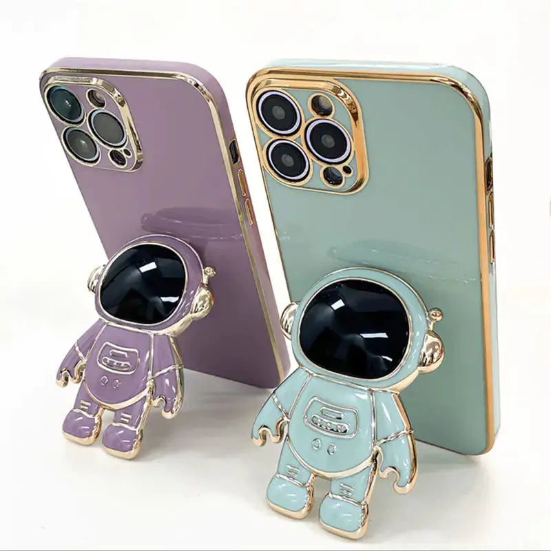 Electroplated Phone Case with astronaut stand; sleek design, durable protection, precise fit, enhanced grip.