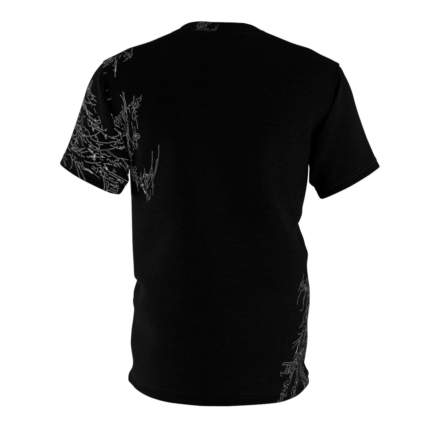 Cyber Sigilism 1 Unisex Cut & Sew Tee AOP with textured microfiber-knit fabric, black design, and regular fit.