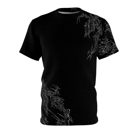 Cyber Sigilism 1 unisex cut & sew tee, black with abstract design.