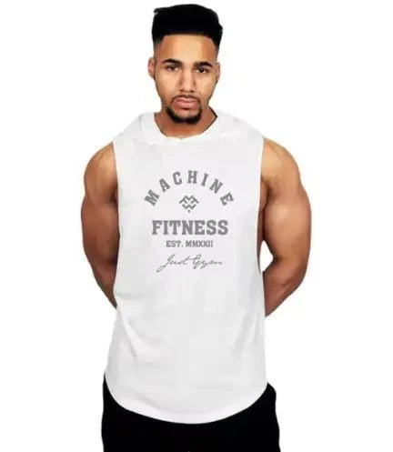 Mens Gym Hooded Tank Top in white, featuring MACHINE FITNESS logo, sleeveless design, and integrated hood.