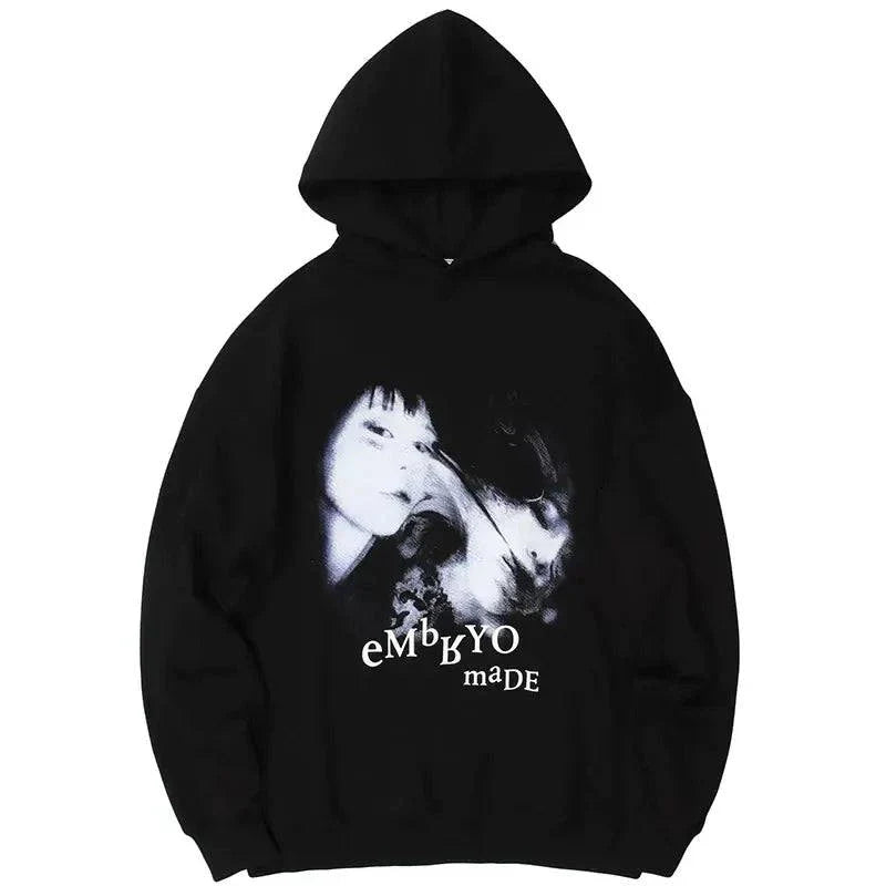 Black Gothic Hoodie with illusion girl letter print design, crafted from soft synthetic fiber for comfort in autumn and winter.