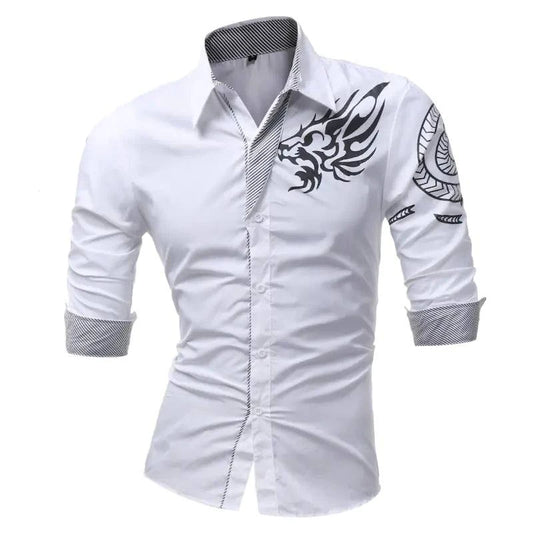 Mens long-sleeved dress shirt with dragon motifs, bold mythical design, cotton polyester blend, turned neck.