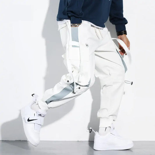 Trendy white Ribbon Cargo Pants with adjustable ribbons and spacious pockets, perfect for stylish streetwear.