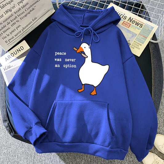 Men's fashion hoodie with graphic duck design and "peace was never an option" text in bold blue color.